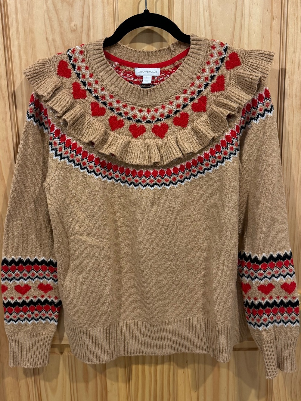 Charter Club 80s Sweater with Red Hearts and Ruffle
